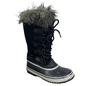 Sorel Women’s Size 8 Joan Of Arctic Lace Up Faux Fur Cuff Black Winter Boots